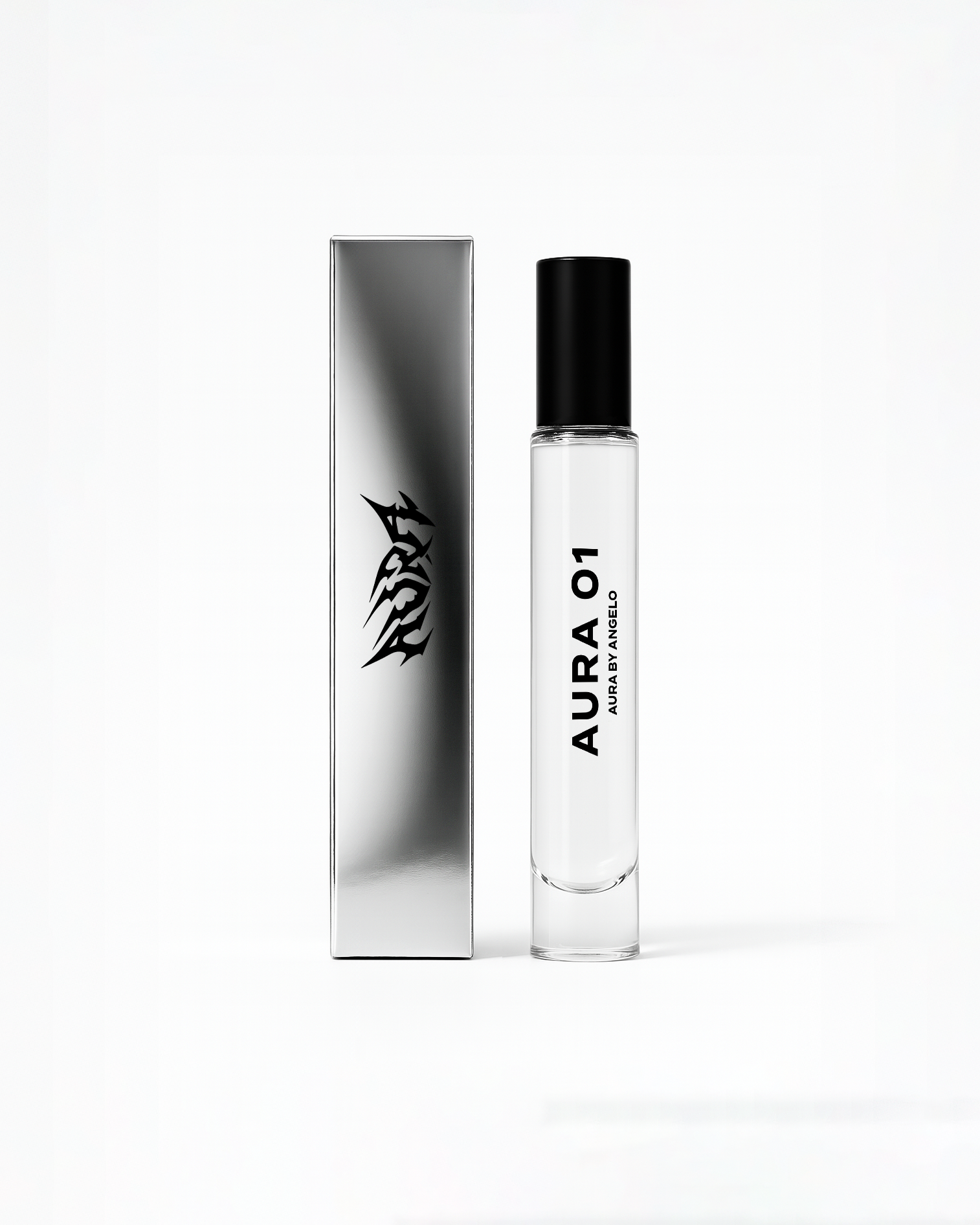 AURA 01 Fragrance bottle next to silver packaging on a white backdrop. 