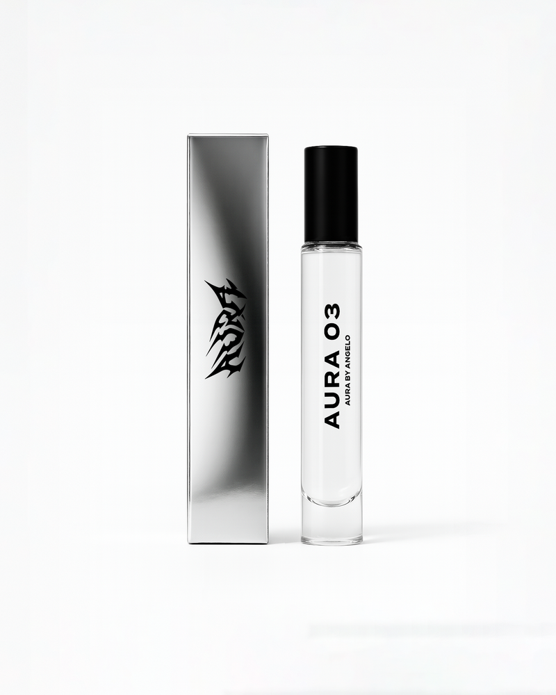 Perfume bottle next to silver packaging labeled 'Aura 03' on a white background