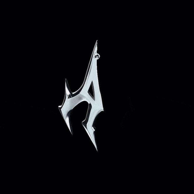 360 degree style render of a metallic silver earring. Earring resembles the A from the official AURA BY ANGELO logo. 
