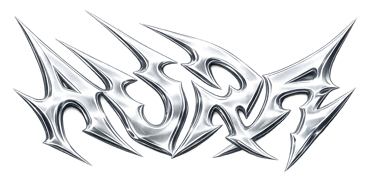 Metallic AURA logo in a cyber-punk style against neutral backdrop. 
