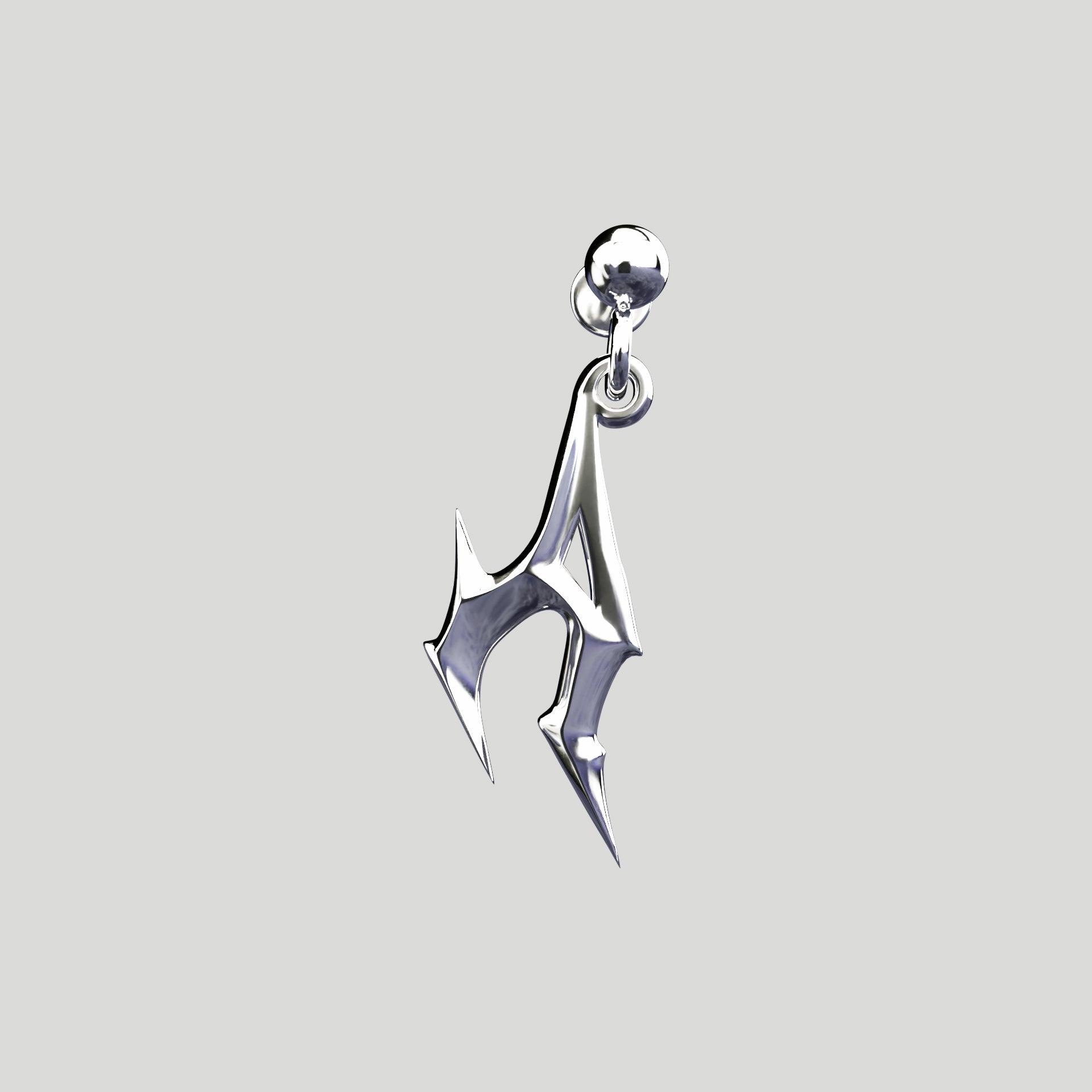 Silver earring of the "A" from AURA BY ANGELO logo against a neutral gray backdrop. 
