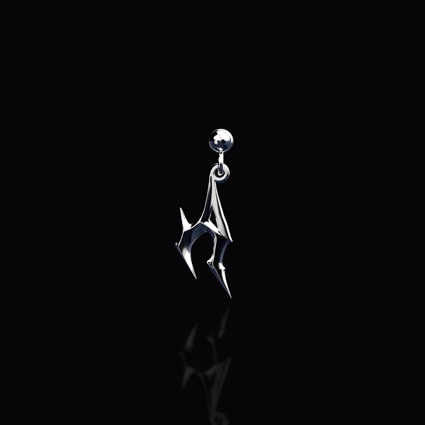 GIF style render of a silver A earring dangling against a black backdrop. The A resembles the A from the official AURA BY ANGELO logo. Reflection below the earring. 