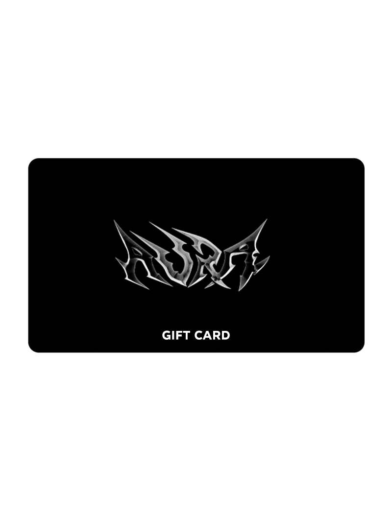 Singular black gift card with AURA BY ANGELO logo and "gift card" against a neutral backdrop. 