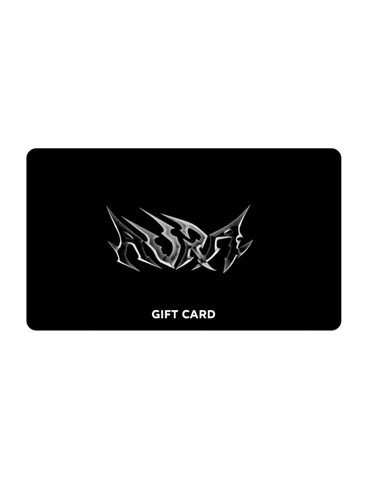 Singular black gift card with AURA BY ANGELO logo and "gift card" against a neutral backdrop.
