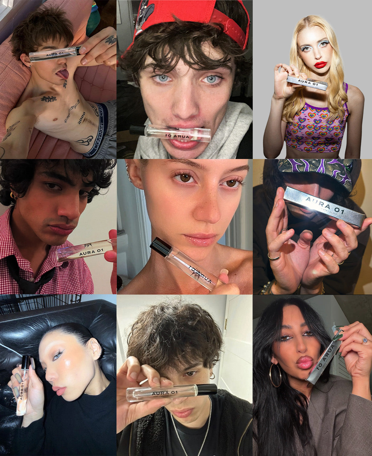 Collage of people holding and using a fragrance product labeled 'AURA 01'